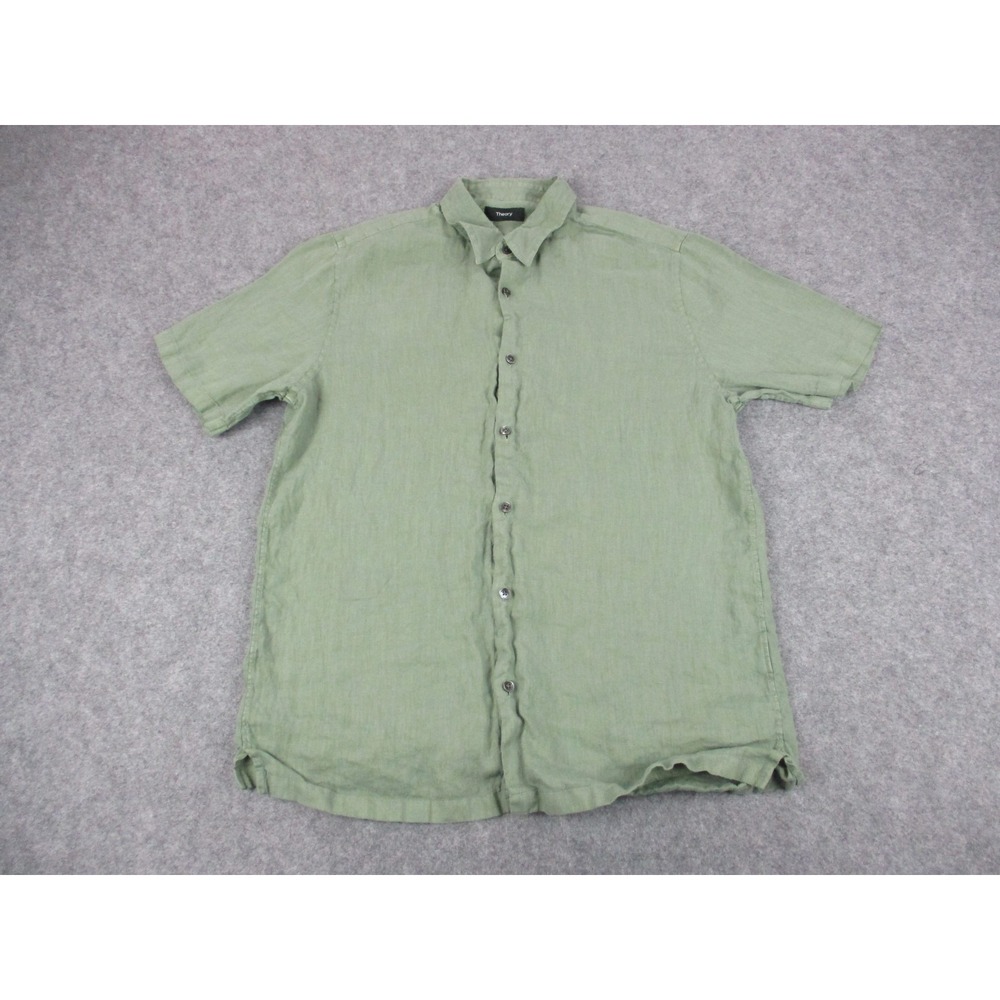 Theory Shirt Mens Medium Green Linen Button Up Short Sleeve Lightweight Casual